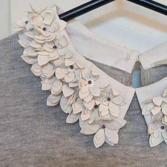 Ted Baker Nansea Gray Embellished Flower Collar Layered Sweater, Like New - Picture 2 of 4